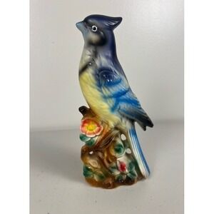 Vintage Ceramic‎ Blue Jay Bird Figurine Hand Painted Floral Branch 7.5 Inch